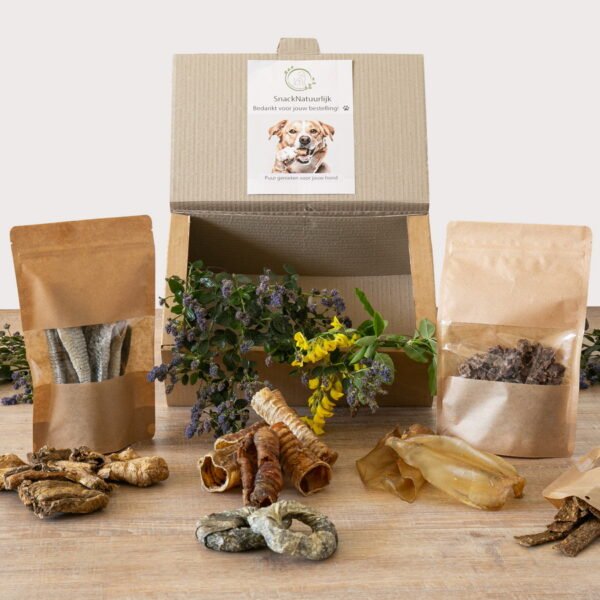 Probeerbox hondensnacks S M L Probeerbox hondensnacks met verschillende natuurlijke snacks in maat S M L