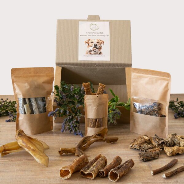 Probeerbox hondensnacks S M L Probeerbox hondensnacks met verschillende natuurlijke snacks in maat S M L