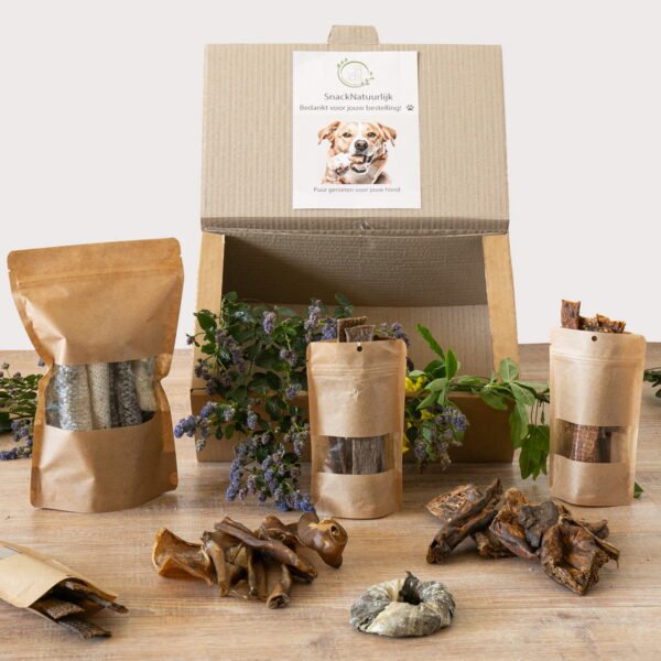 Hypoallergene snackbox hond Hypoallergene hondensnack box met natuurlijke snacks voor gevoelige honden
