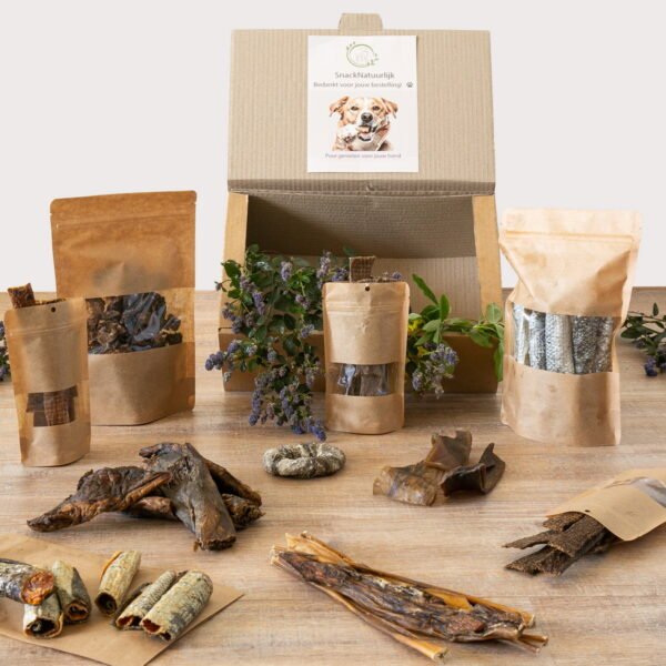 Luxe hypoallergene snackbox hond Luxe hypoallergene hondensnack box met premium natuurlijke kauwsnacks