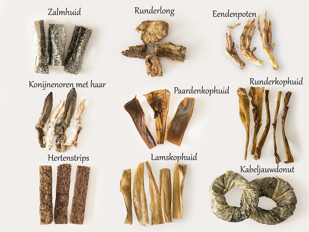Verschillende natuurlijke hondensnacks zoals kophuid, oren, vis en vleesstrips